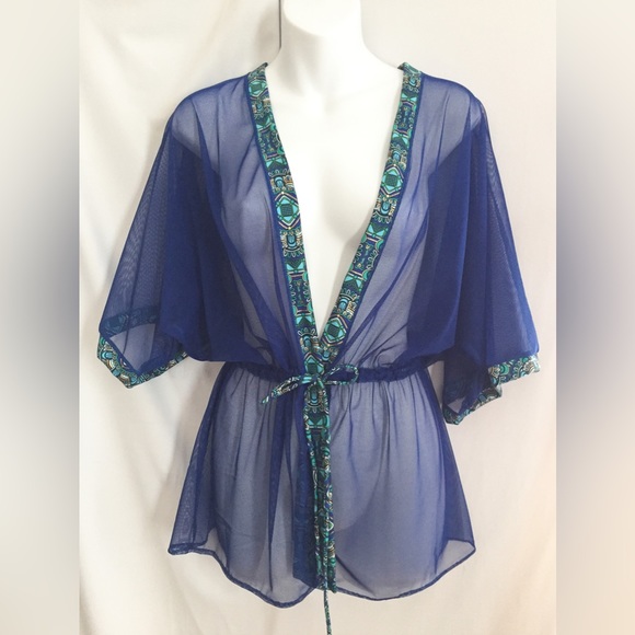 Tunic dress mesh cover up dark blue with accent trim - Picture 1 of 1